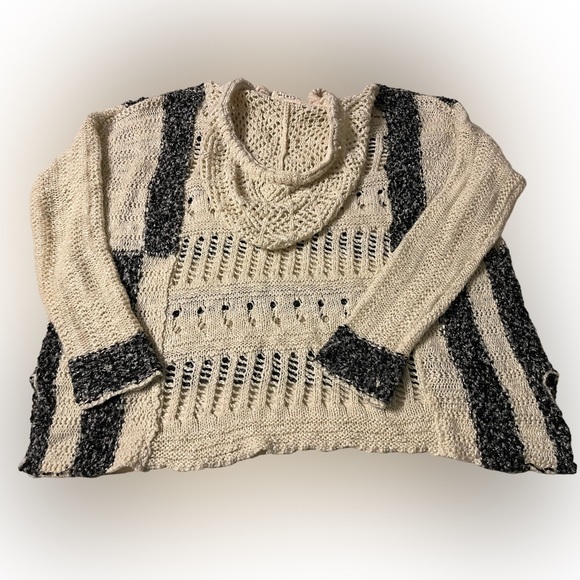 Ciel USA Womens Boho Cream And Black Striped Hooded Sweater Oversized Size M - Picture 2 of 7